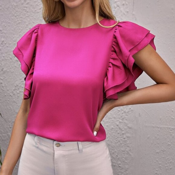 PINK Butterfly Ruffle Sleeve Blouse Minimalist Neu - Picture 3 of 5